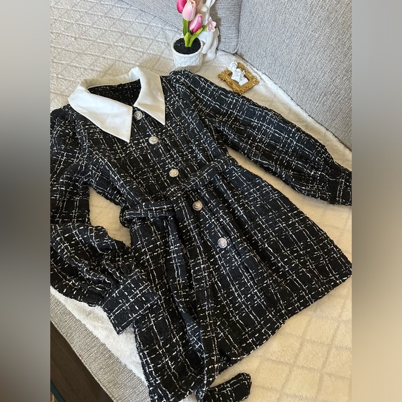 SHEIN Unity Tweed Contrast Collar Belted Coat - Picture 9 of 12